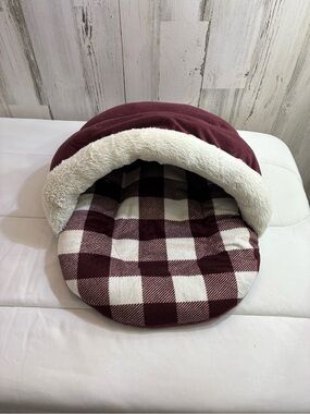 Burgundy & Cream Buffalo Plaid  small Pet Cave Bed by